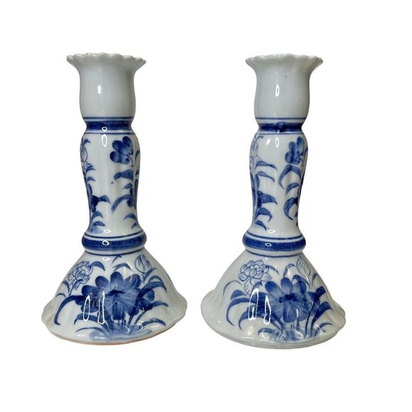 Unbranded Other - Two Thai Blue and White Floral Hand Painted Stoneware Candle Stick Holders Vtg